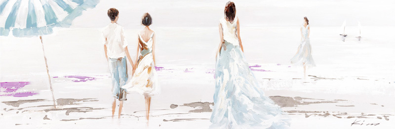 PXYW415 Wall décor art oil on canvas seascape people on beach blue white tones